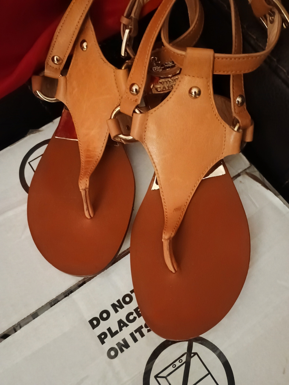 Vince Camuto Tan Leather T-Strap Sandals with Gold Accents